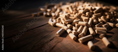 Pile of wood pellets on wooden plank floor, panoramic image, eco concept, renewable, economy