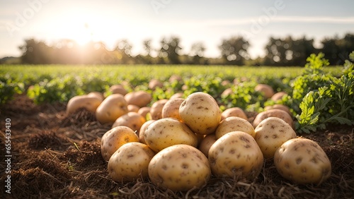 A pile of potatoes in a scenic field