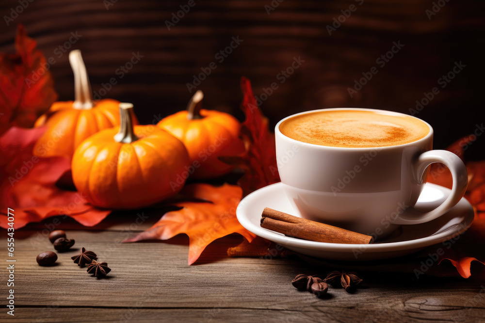 Cup of coffee, spices, dry oak leaves, autumn leaves, orange pumpkins on wooden table. Autumn drink concept. Fall, pumpkin spicy latte, thanksgiving, top, copy space Cup of coffee, spices, dry oak leaves, autumn leaves, orange pumpkins on wooden table. Autumn drink concept. Fall, pumpkin spicy latte, thanksgiving, top, copy space
