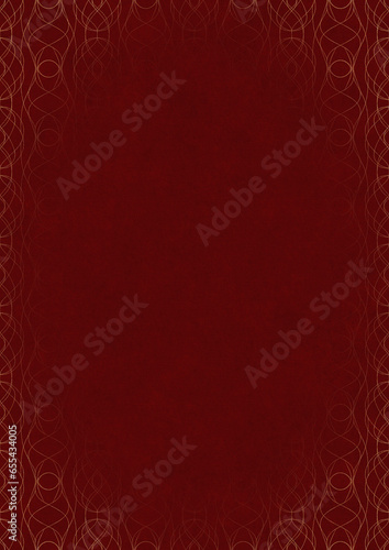 Deep red textured paper with vignette of golden hand-drawn pattern. Copy space. Digital artwork, A4. (pattern: p10-1f)