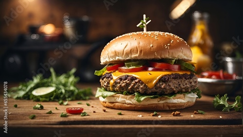 A delicious hamburger on a rustic wooden table