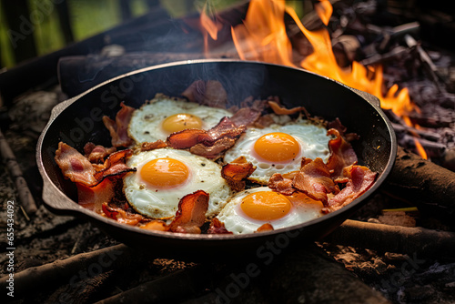 Breakfast while camping with bacon and eggs in a cast iron skillet. Food at the camp. Fried eggs with bacon on fire.