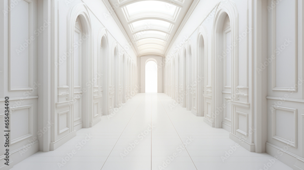 A stark white hallway with a long line of identical doors on either side