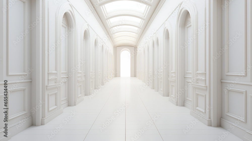 A stark white hallway with a long line of identical doors on either side A stark white hallway with a long line of identical doors on either side