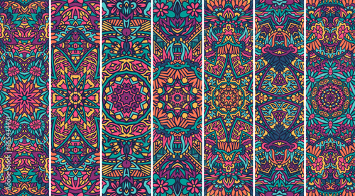 Festival Mandala pattern set with bright color psychedelic print design. Ethnic tribal banner collection