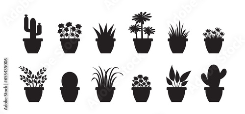 House plant pot, black silhouette, home and office flowerpot vector icon, indoor flower isolated on white background. Interior illustration