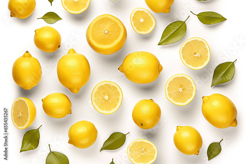 Lemon, lemon slices on white background.Lemons flat top view on with background photo
