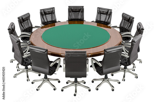 Round table with office chairs around. Government Round Table Meeting, concept. 3D rendering isolated on transparent background photo