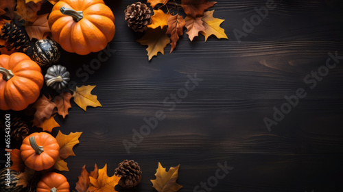 Top view of pumpkins, pine cones and autumn leaves on wooden background with copy space