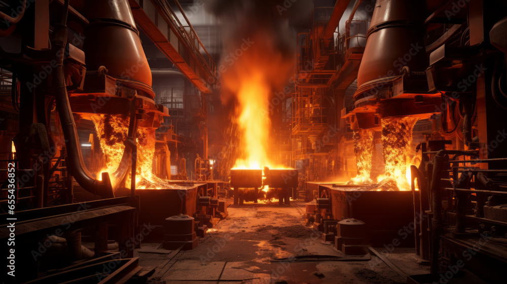 A steel foundry's pouring operation, with molten metal being cast into molds A steel foundry's pouring operation, with molten metal being cast into molds