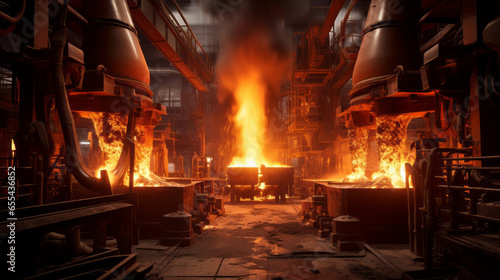 A steel foundry's pouring operation, with molten metal being cast into molds