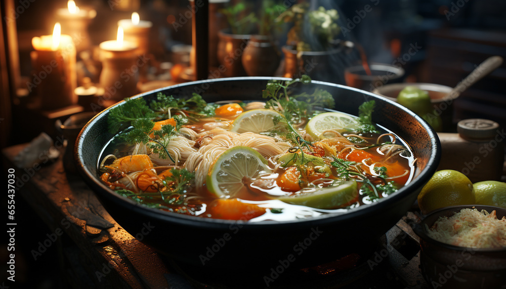 Freshness and heat combine in a gourmet vegetable soup meal generated by AI