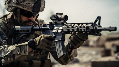 Army soldier holding assault rifle photo