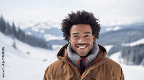 Portrait of young black american man smiling against snowy mountains