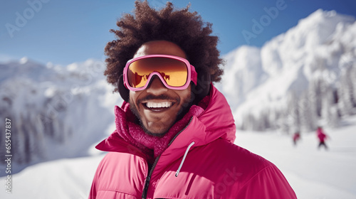 happy african american man with afro hairstyle in ski goggles