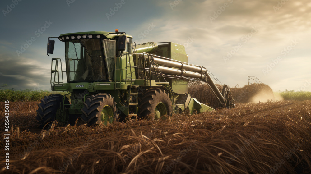 Fototapeta premium A sugar cane plantation with automated harvesters collecting ripe sugar cane