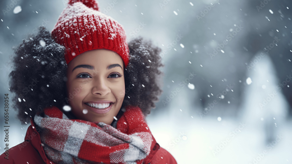 Winter beauty. Beautiful young African-American woman smiling and looking at camera while standing outdoors Winter beauty. Beautiful young African-American woman smiling and looking at camera while standing outdoors
