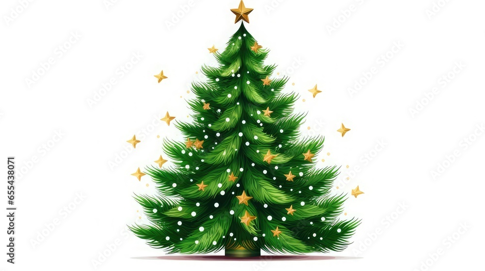 Illustration of a Christmas tree in green tones with a large golden star at the top and snowflakes and small stars around it on a white background, generated with AI