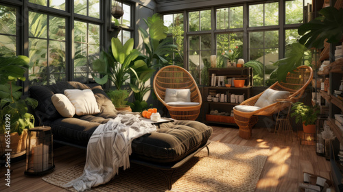 A sun-soaked conservatory with rattan furniture, hanging plants, and dappled sunlight © Textures & Patterns