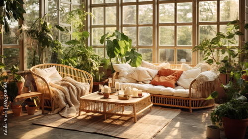 A sunroom with wicker furniture, indoor plants, and a view of the garden photo
