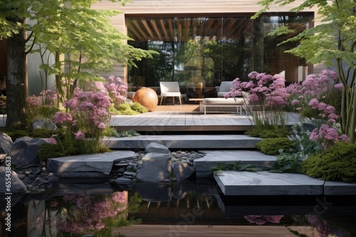 Futuristic, modern glass steel houses, set in modern landscaped gardens, photographed in blue hour with house lights on