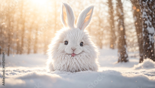 Cute rabbit on a snowy meadow