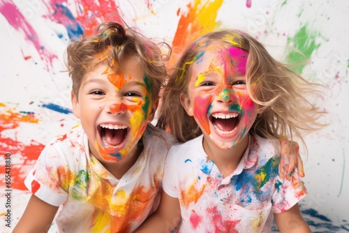 Happy children with paint on their faces and the backdrop