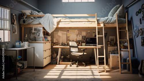 A teenager's bedroom with a loft bed, a desk for homework, and posters on the walls