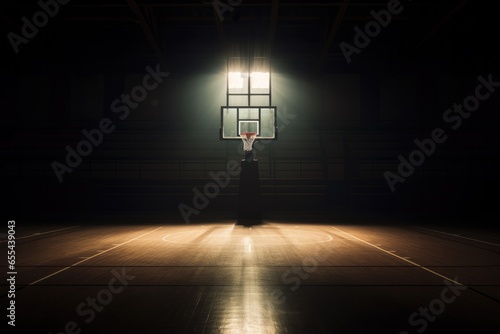 Empty, basketball court illuminated by spotlight above, back board and basketball net