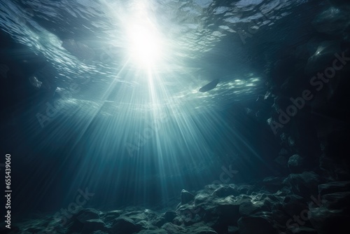 Underwater background of shafts of light coming through surface, illuminating the bottom of the Sea