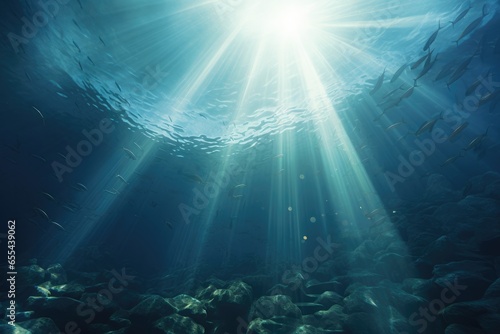 Underwater background of shafts of light coming through surface, illuminating the bottom of the Sea