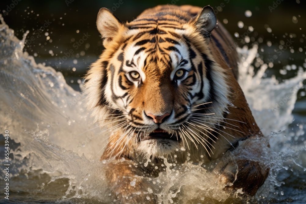 Large Siberian tiger running through water towards the camera Large Siberian tiger running through water towards the camera