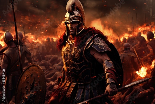Print op canvas Roman centurion with Roman soldiers and smoke in the background