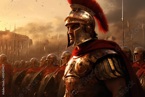 Fototapete Roman centurion with Roman soldiers and smoke in the background