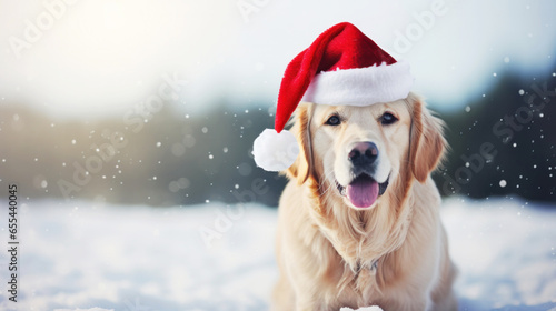 Cute Labrador dog in a Santa Claus hat on a snowy winter Christmas background
