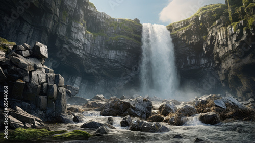 A tranquil waterfall cascading down a rocky cliff side