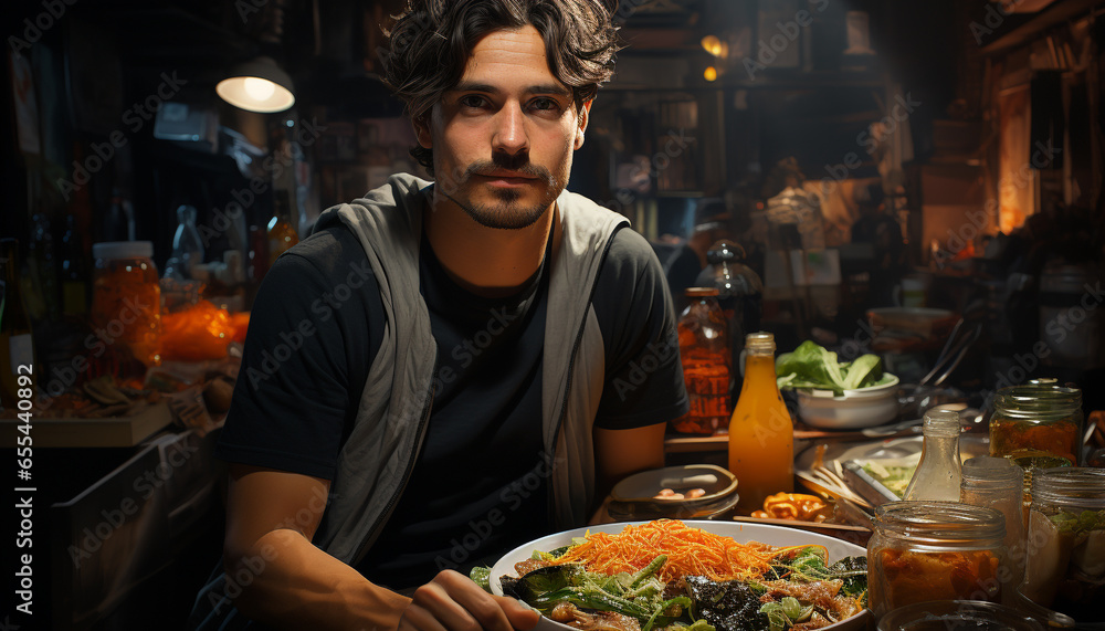 A young man sitting at a table, looking at camera generated by AI