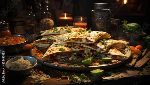 Freshness and spice on a wooden table, Mexican culture gourmet delight generated by AI