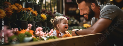 Portrait of a man with a child choosing a bouquet in a flower store