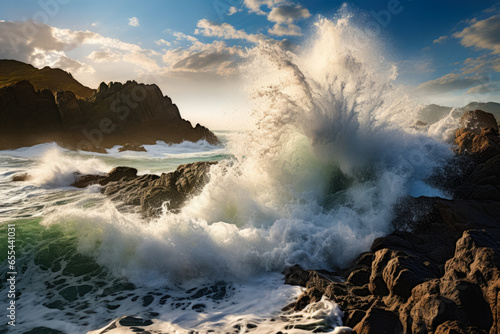 Dramatic sea waves ferociously assaulting a peaceful rocky coastline 