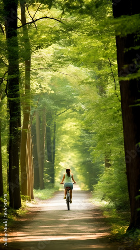 Woman enjoys a serene bike ride through a lush forest in spring. Cycling in nature's tranquility. Concept of wellbeing, leisure and green mobility