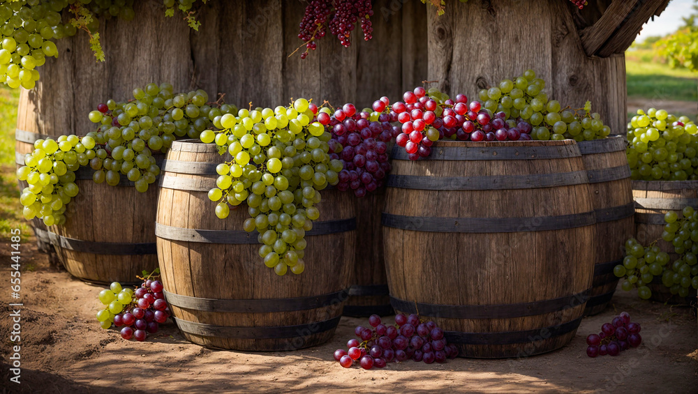 barrels of wine, fresh grapes, winery