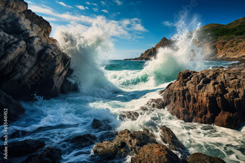 Dramatic sea waves ferociously assaulting a peaceful rocky coastline 