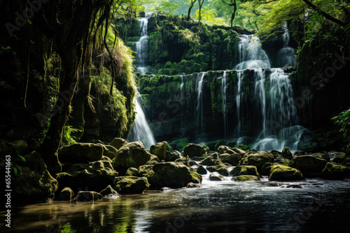 Majestic waterfalls cascading amidst verdant forest an embodiment of natural serenity 