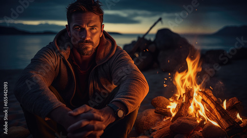 Man relaxing around a campfire on the beach at night with his friends