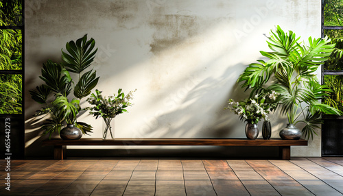Empty glass room with tropical green plant ,room interior, © NaimulIslam