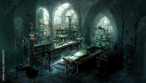 Lamordia laboratory interior operating table victorian gothic architecture dark experiments amoral science bizarre constructs mutagenic radiation fantasy art dnd art dungeons and dragons dd style  photo