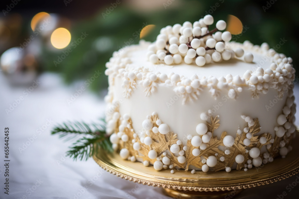 Decorated Christmas cake complete with intricate frosting design. Generative AI Decorated Christmas cake complete with intricate frosting design. Generative AI