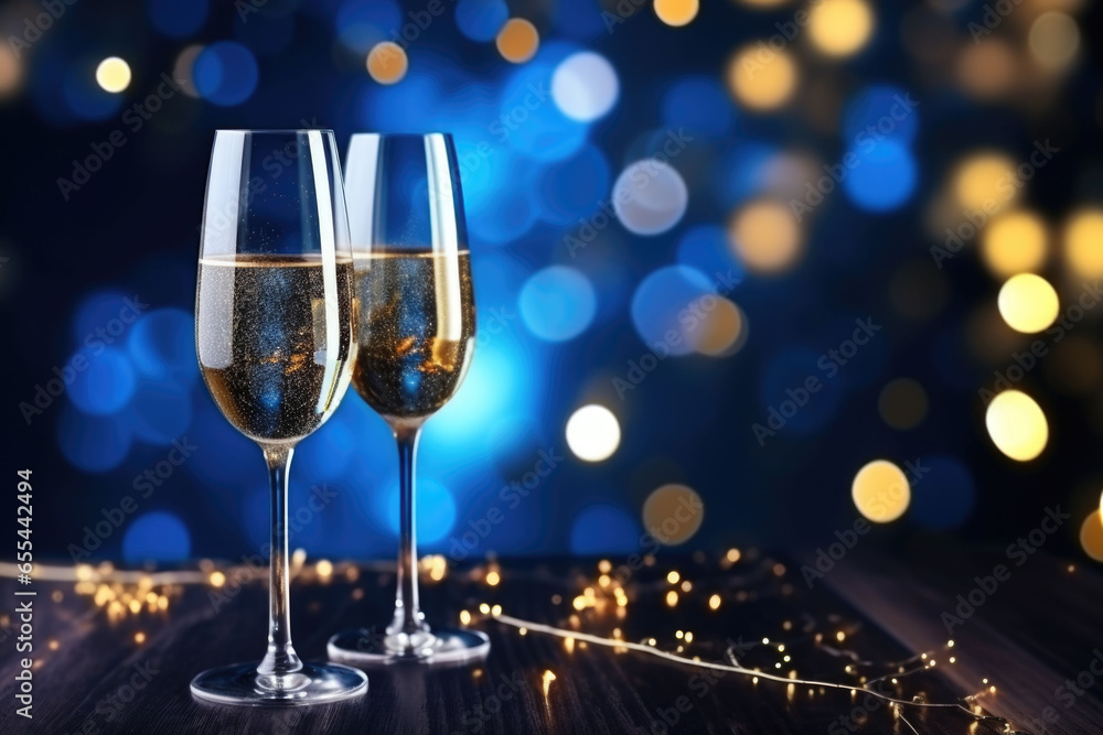 New year's eve celebration background with champagne. Blue bokeh. Generative AI New year's eve celebration background with champagne. Blue bokeh. Generative AI