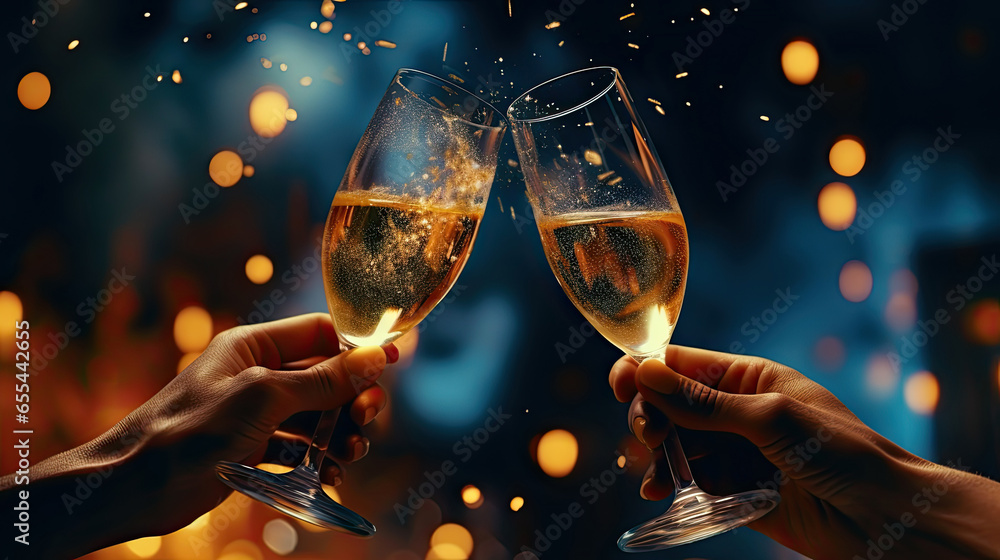 Close-up Two people celebrate Christmas with glasses of champagne during a beautiful fireworks display. - obrazy, fototapety, plakaty 